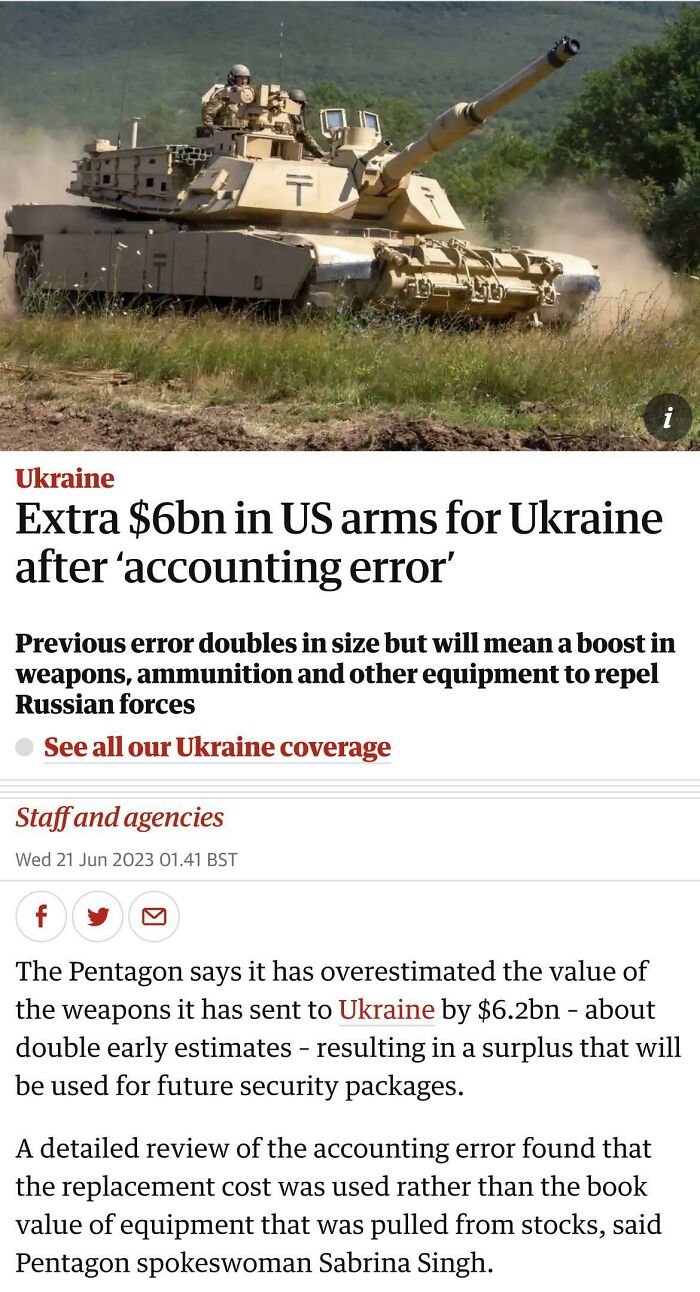 The Pentagon Says It Has Overestimated The Value Of The Weapons It Has Sent To Ukraine By $6.2bn