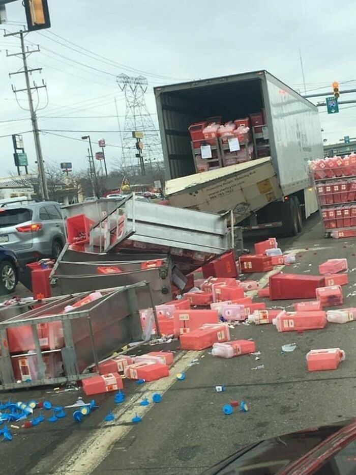 Someone Forgot To Strap In Carts Of Hospital Waste Inside This Truck