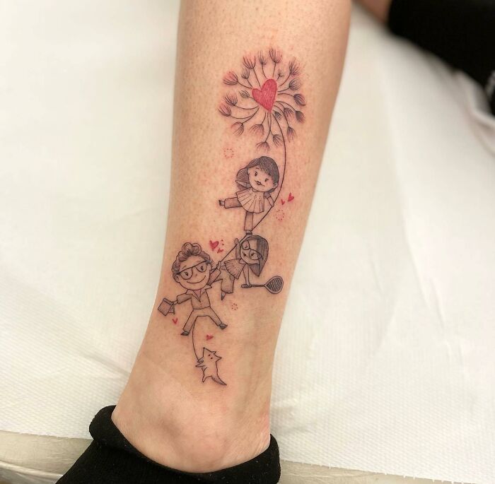 Colorful family leg tattoo