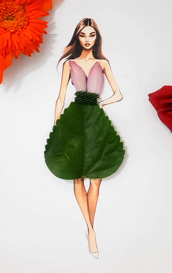 A drawing of a woman dressed in real flower petal gown