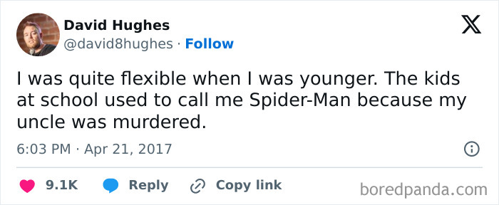Tweet joking about being called Spider-Man due to flexibility and similar backstory.