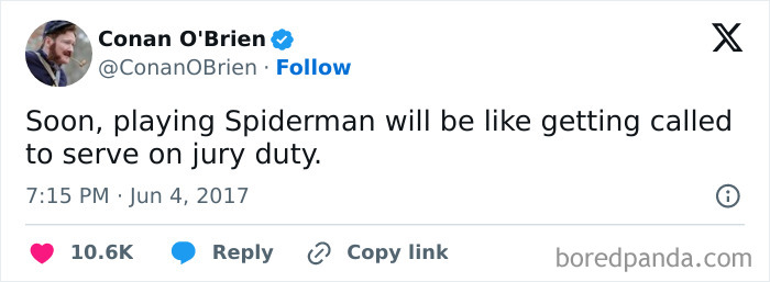 Conan O'Brien tweet humorously compares playing Spiderman to jury duty.