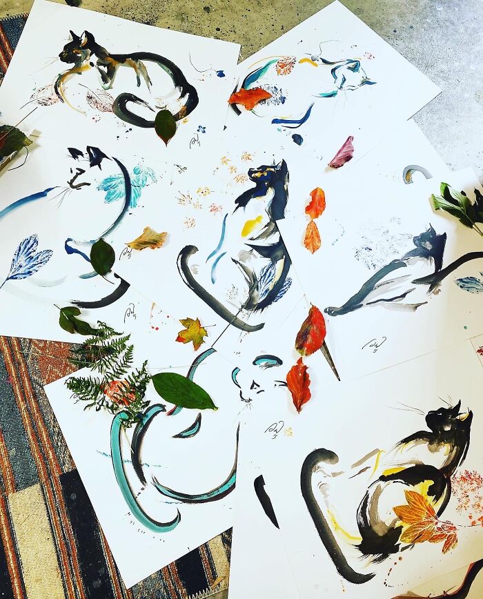 Autumn Leaf Cat Art Collection By Asian American Artist Anita Yan Wong