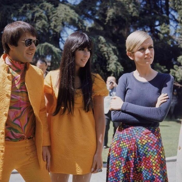 Sonny & Cher Hosting A Party To Welcome Twiggy To Los Angeles On April 30, 1967. #60s