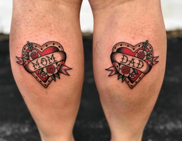 red hearts with words mom and dad memorial tattoo
