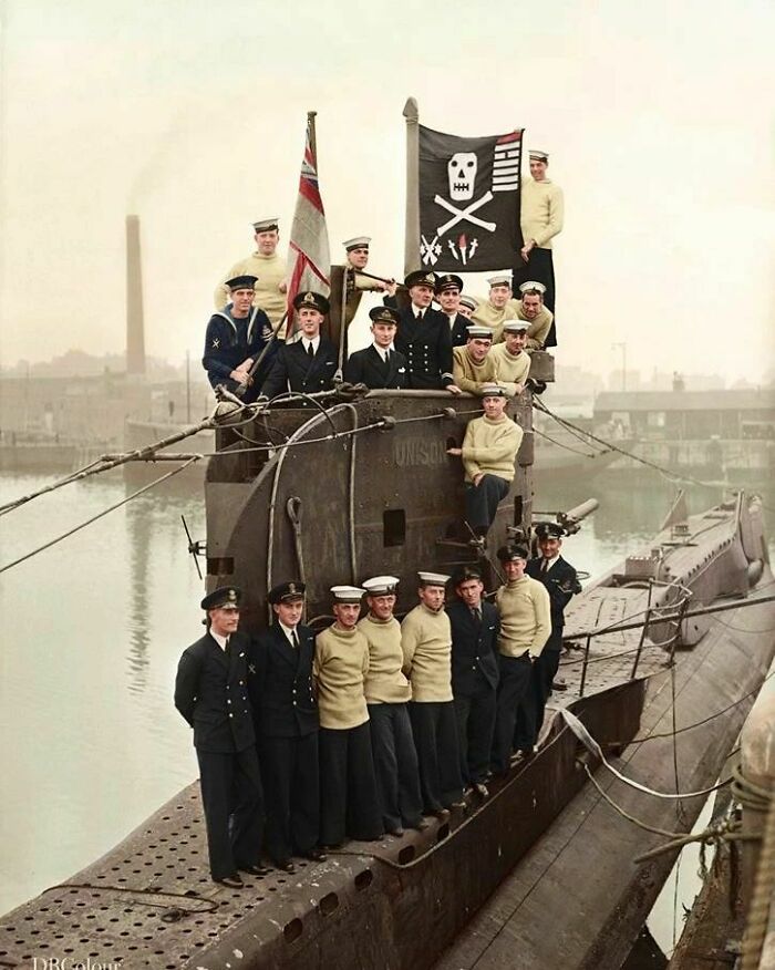 The Crew Of British Hm Submarine ‘Unison’ Display Their ‘Jolly Roger’ At Devonport, Plymouth, Having Returned From A Successful 16 Months In The Mediterranean. 1943, World War II