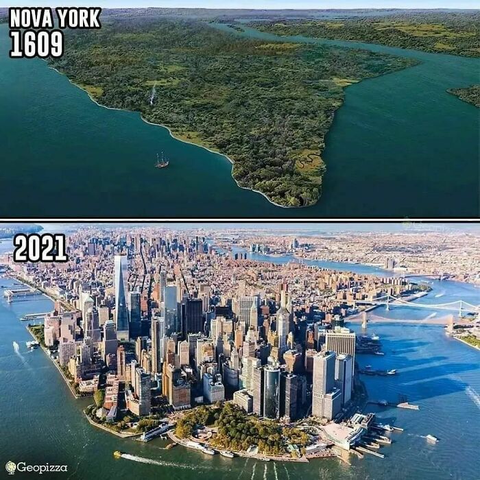 Digital Reconstruction Of Untouched Manhattan, New York, In Year 1609, In Comparison To Year 2021