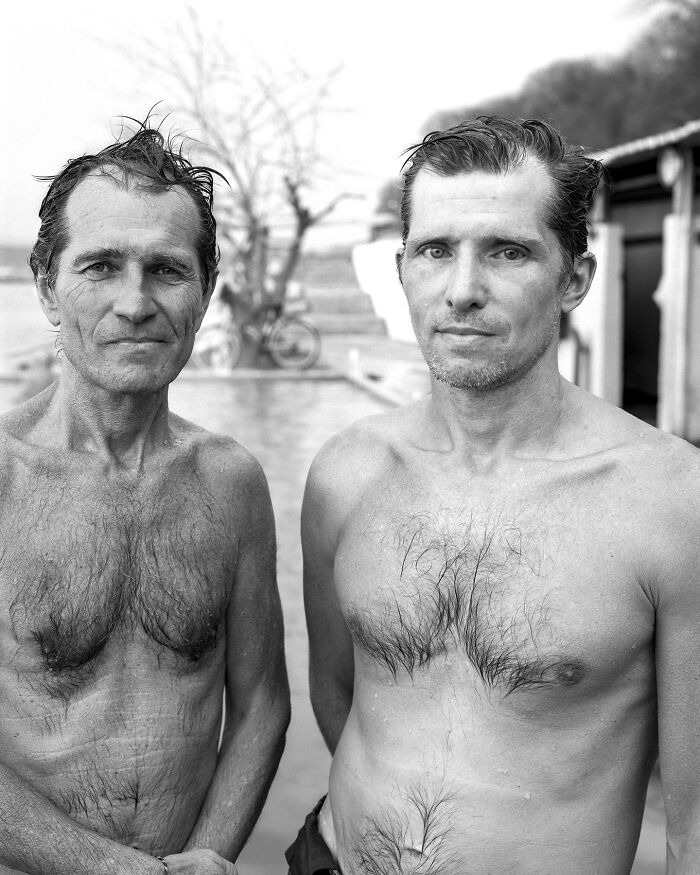 A picture of two men after swimming