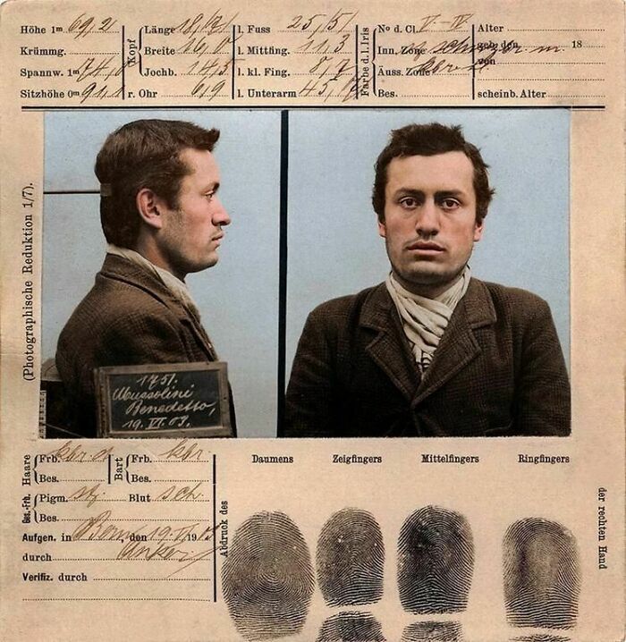 Mugshot And Fingerprints Of Benito Mussolini, Bern, Switzerland, 1903