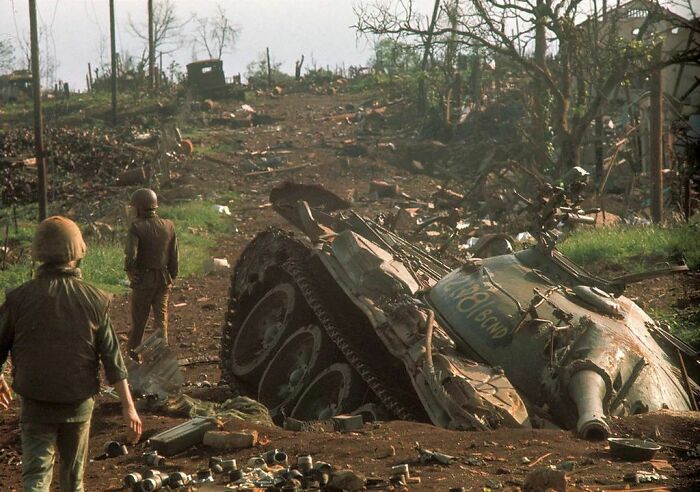 Town Of An-Loc, Vietnam. Soviet -Built North Vietnamese T54 Tank Destroyed By South Vietnam's 81st Airborne Ranger Group, 1972, Vietnam War