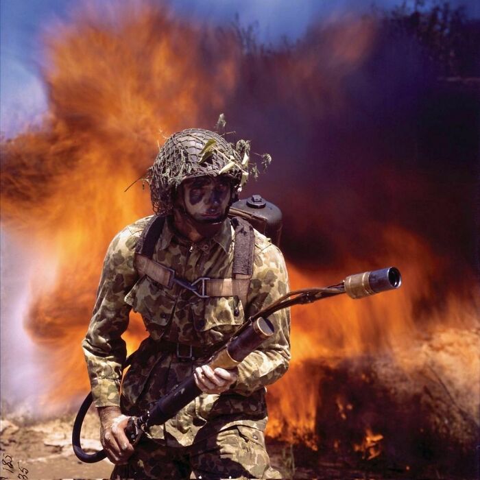 Us Soldier Circa 1942 With A Flamethrower And Experimental Camo At Fort Belvoir, Which A Testing Ground For The Us Army