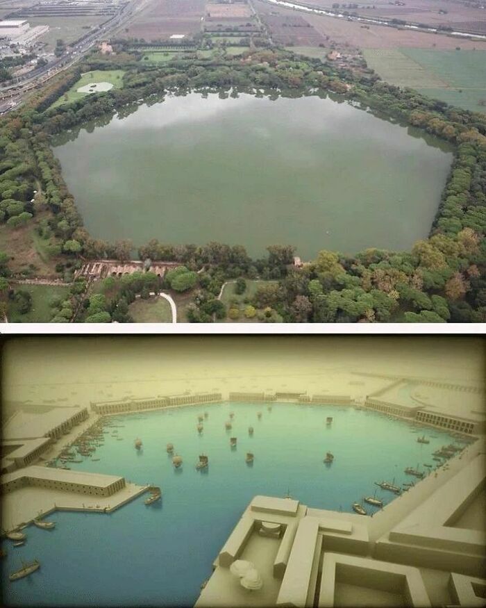 Portus, Roman Empire's Imperial Port, As It Would Have Appeared In The Past Compared To Today. The Port Was Established By Emperor Claudius, And Enlarged By Emperor Trajan, To Supplement The Nearby Port Of Ostia