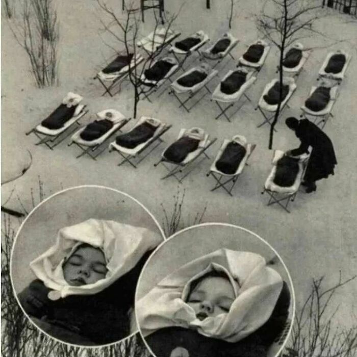 Babies Left To Sleep Outside In The Freezing Cold, Enforcing Their Immune System, Moscow, Soviet Union, 1958