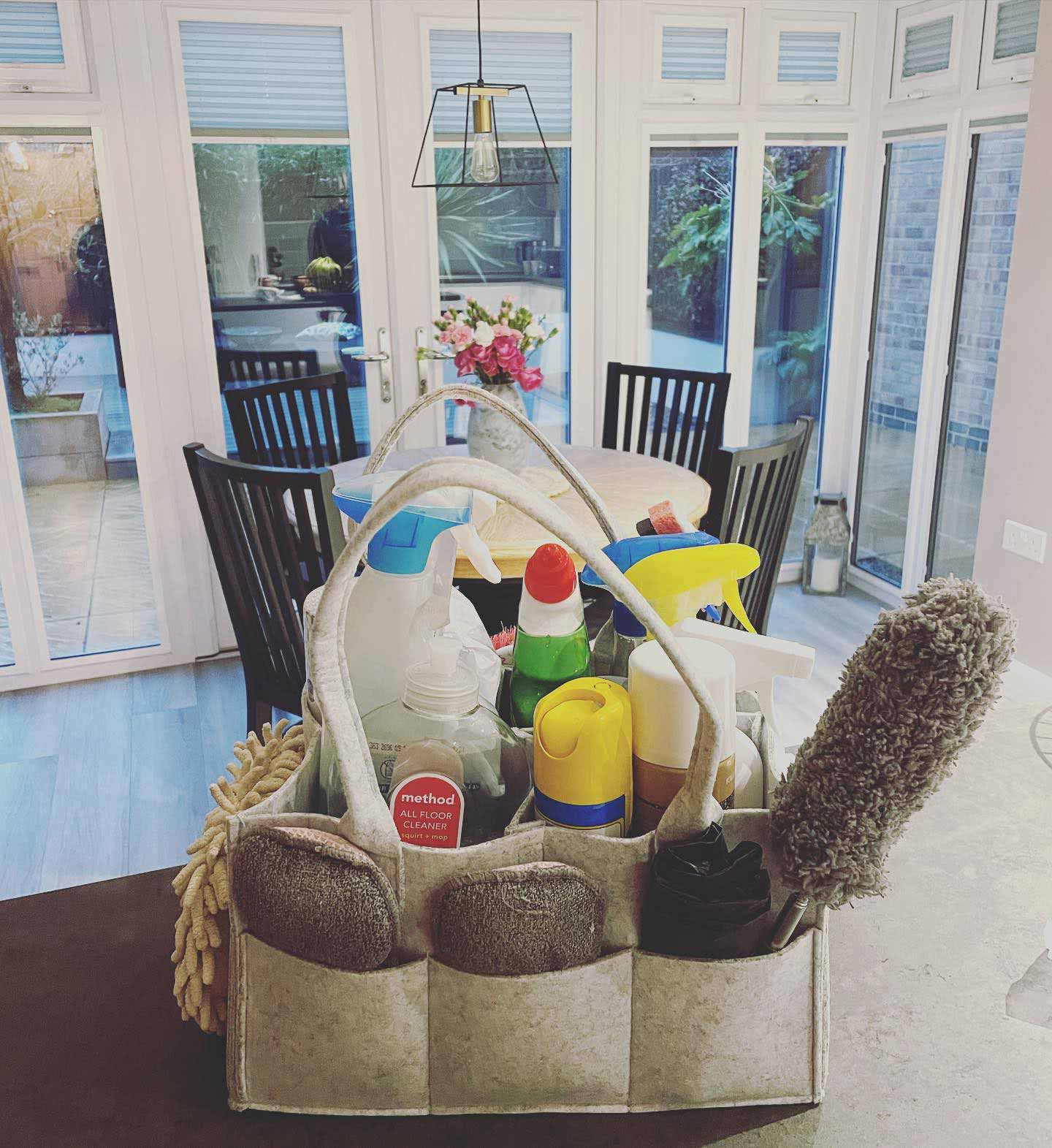 Cleaning caddy with cleaning supplies Cleaning caddy with cleaning supplies