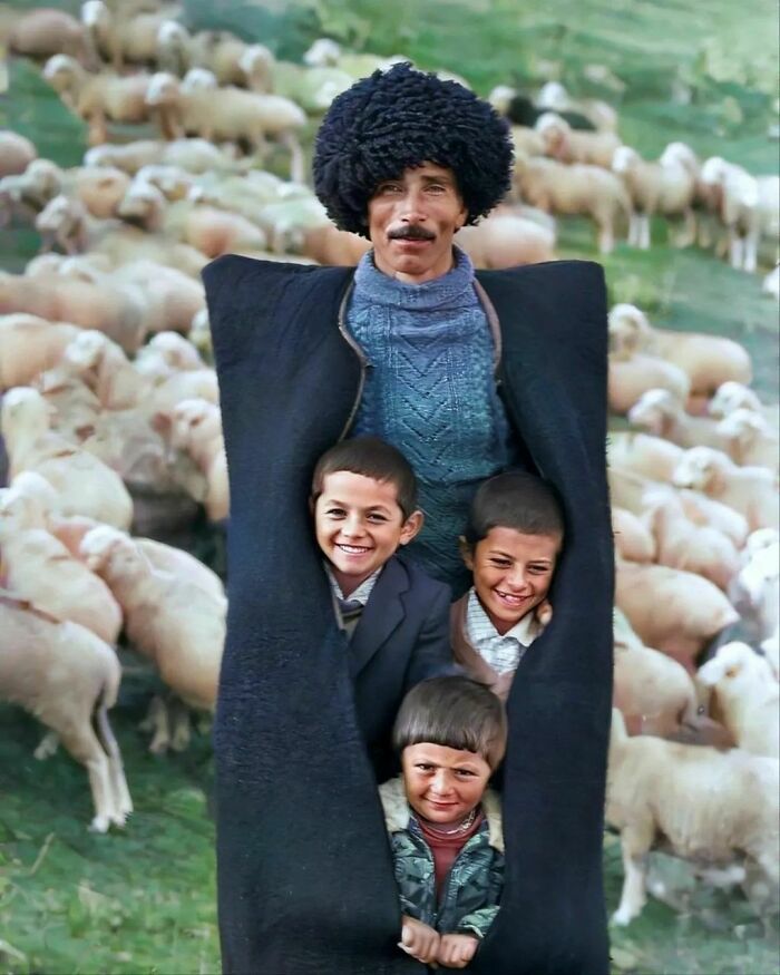A Shepherd From The Village Of Kınalık With His Children, Azerbaijan, 1970's
