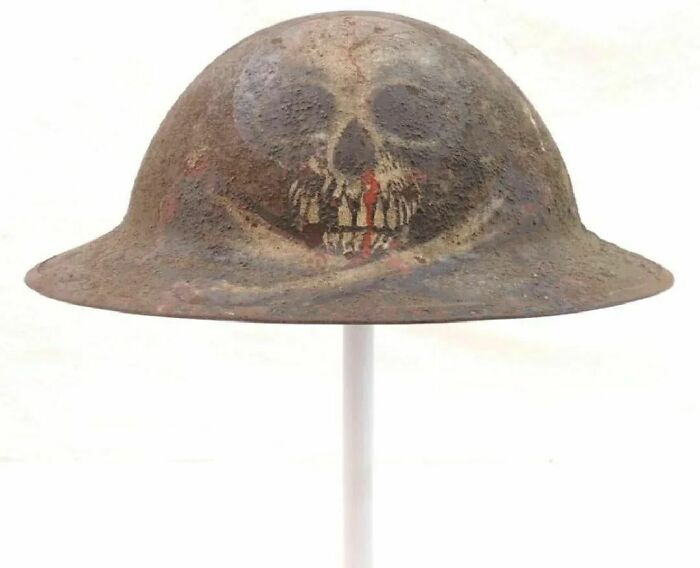 World War I Us Army Helmet With Skull Trench Art On The Front