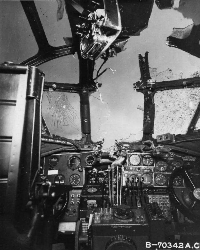 The Cockpit Of An American B-24 Bomber From The 392nd Bomb Squadron Of The 30th Bomb Group, Damaged By A Japanese Anti-Aircraft Shell On January 27, 1945, During A Sortie To Bombard Iwo Jima