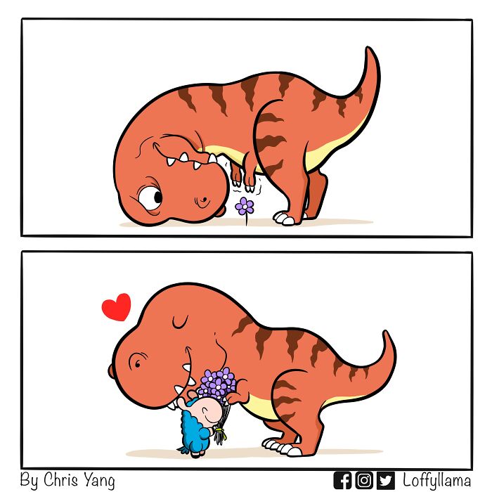 A comic about a dinosaur appreciating flowers