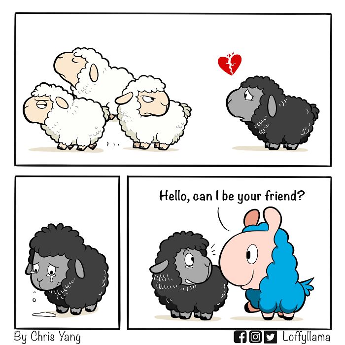 A comic about a black sheep being rejected by white sheep