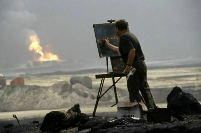 Painter Marc Monnier Paints A Canvas On The Front During The Gulf War In October 1991, Kuwait