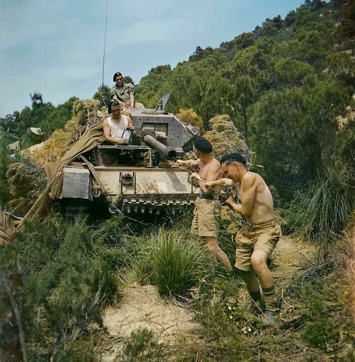 A Crew From The 16th/5th Lancers, 6th Armoured Division, Clean The Gun Barrel Of Their Crusader Tank At El Aroussa In Tunisia, 1943, World War II