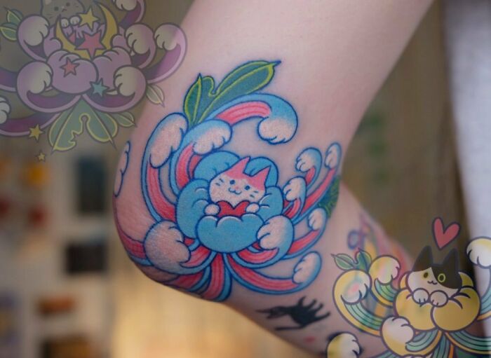 Watercolor flower blossoms with cats elbow tattoo