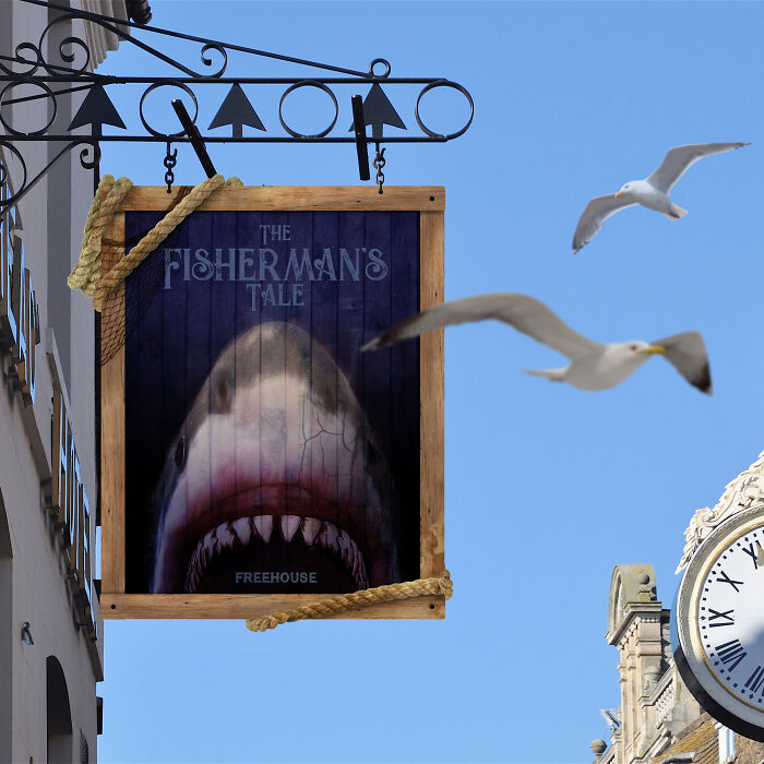 "The Fisherman's Tale" pub sign, inspired by "Jaws"