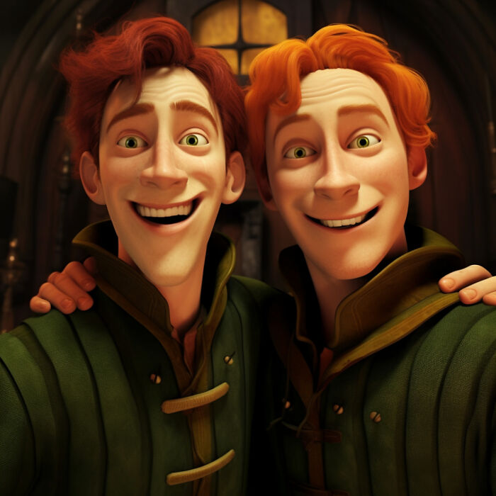 Fred and George Weasley in the animation style of DreamWorks