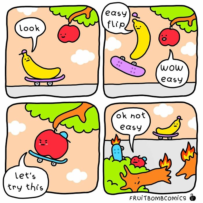 A comic about an apple trying to skateboard