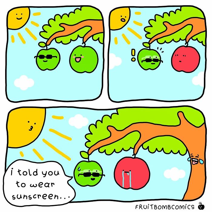 A comic about two sunbathing apples