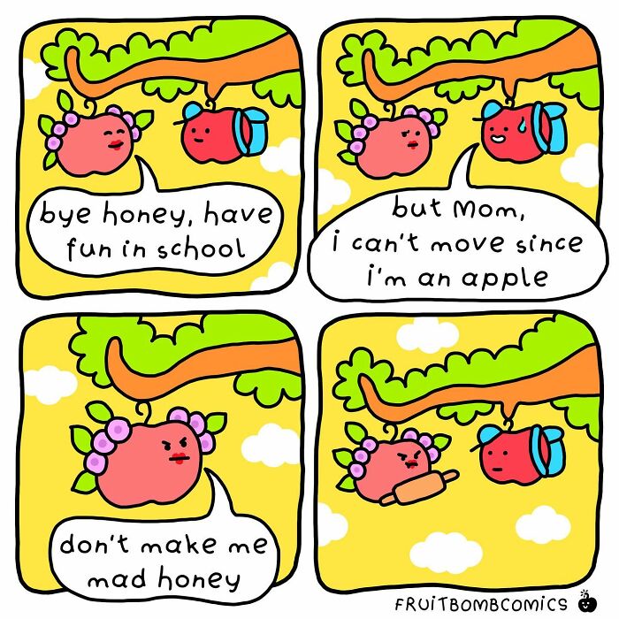 A comic about an apple mom wishing her son to have fun at school