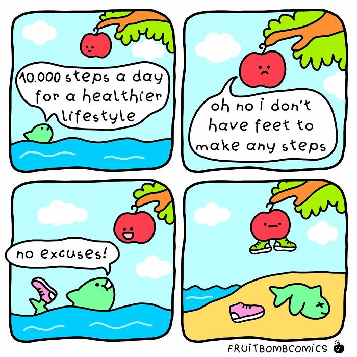 A comic about an apple having no feet to do 10 000 steps a day