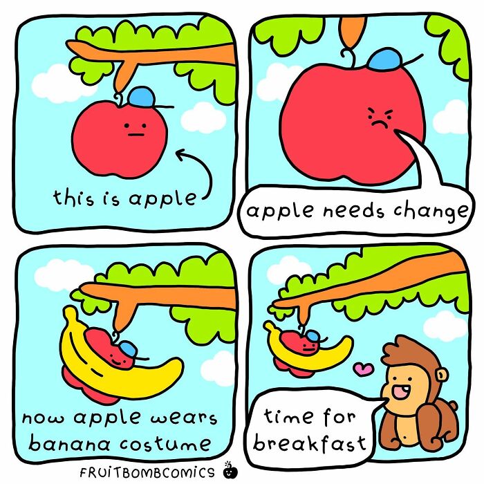 A comic about an apple wearing a banana costume
