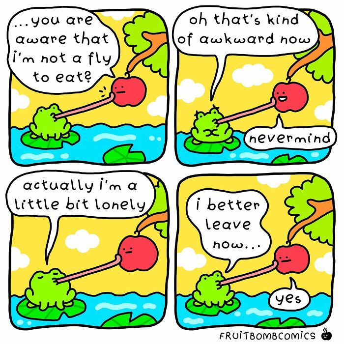 A comic about a frog licking an apple