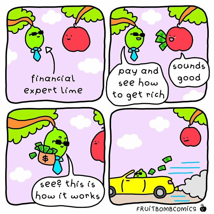A comic about a financial expert lime giving advice to an apple