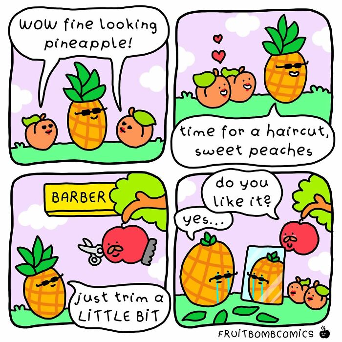 A comic about a fine looking pineapple getting a haircut