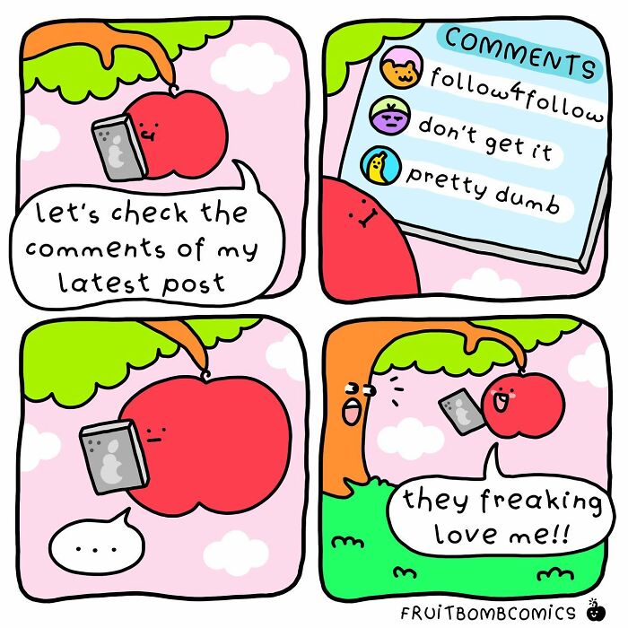 A comic about an apple checking the comments of its latest post