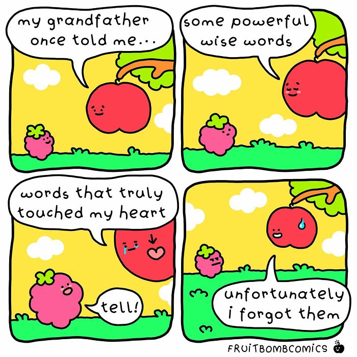 A comic about an apple trying to remember some wise words from his grandfather
