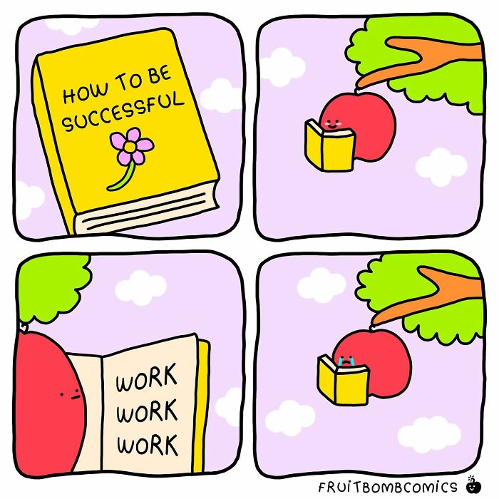 A comic about an apple reading a "How to be successful" book