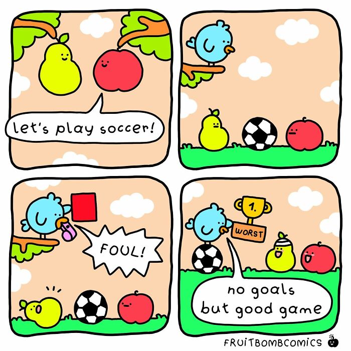 A comic about a pear and an apple playing soccer