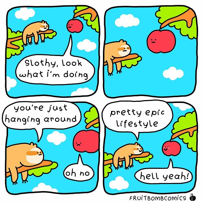 A comic about a sloth and an apple hanging around