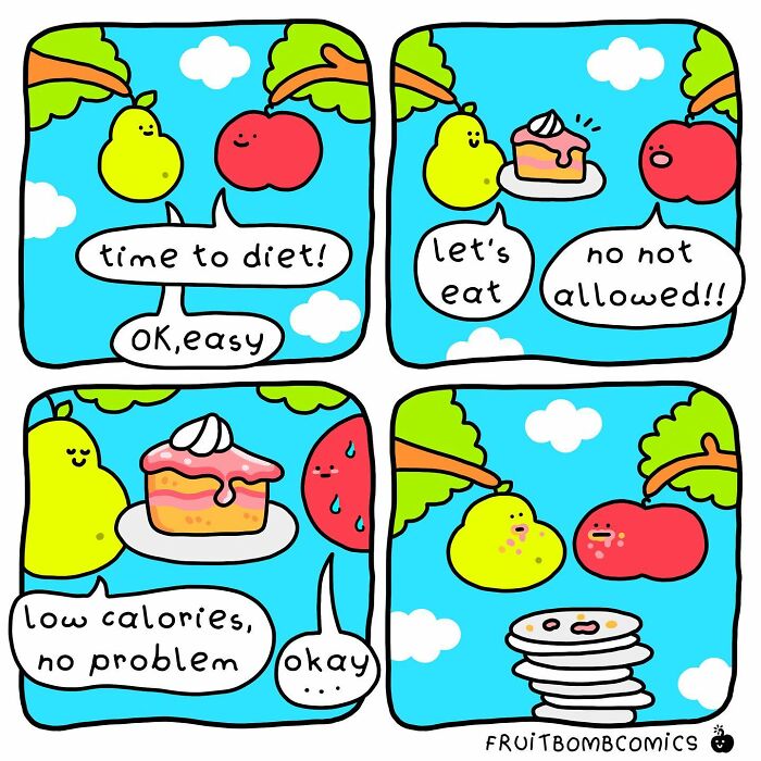 A comic about a pear and an apple deciding to diet