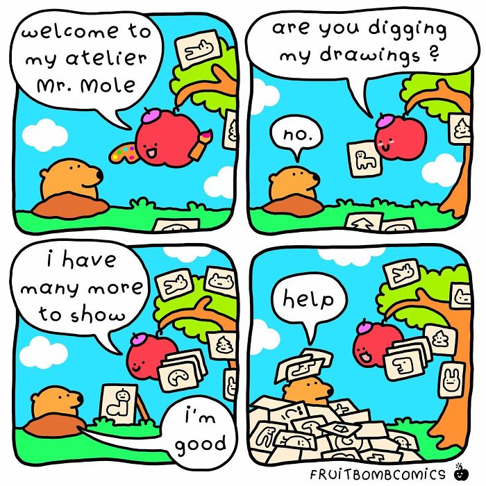 A comic about an apple showing his drawings to a mole