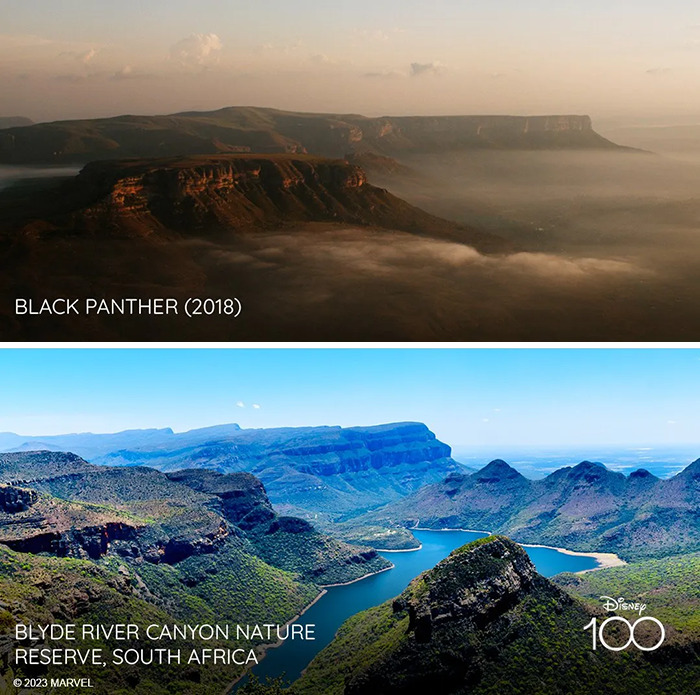 Setting from the movie Black Panther (2018) vs it's inspiration Blyde River Canyon Nature Reserve, South Africa
