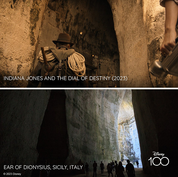 Setting from the movie Indiana Jones And The Dial Of Destiny (2023) vs it's inspiration Ear of Dionysius, Sicily, Italy