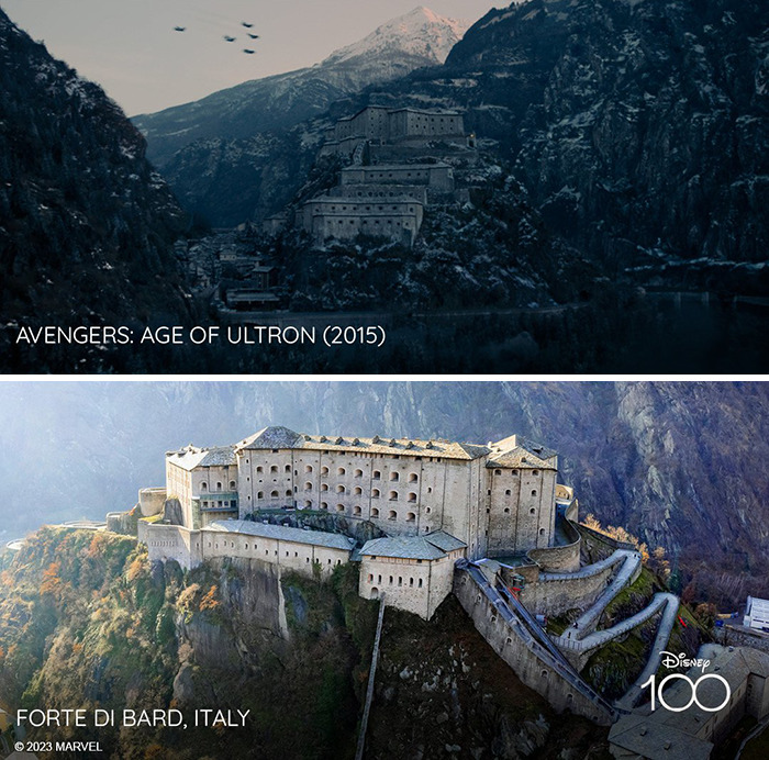 Setting from the movie Avengers: Age Of Ultron (2015) vs it's inspiration Forte Di Bard, Italy