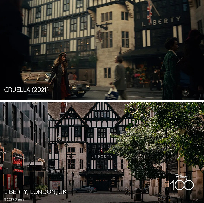 Setting from the movie Cruella (2021) vs it's inspiration Liberty, London UK