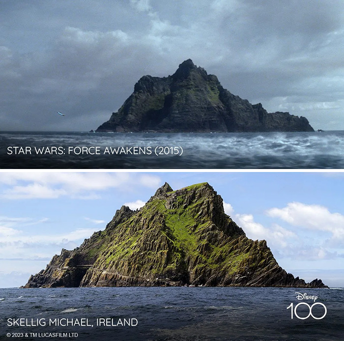 Setting from the movie Star Wars: Force Awakens (2015) vs it's inspiration Skellig Michael, Ireland