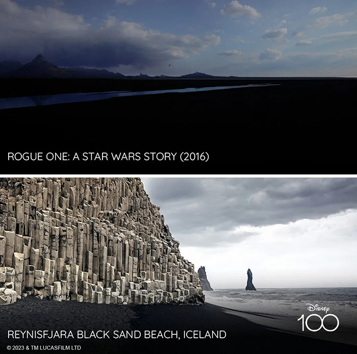 Setting from the movie Rogue One: A Star Wars Story (2016) vs it's inspiration Reynisfjara Black Sand Beach, Iceland