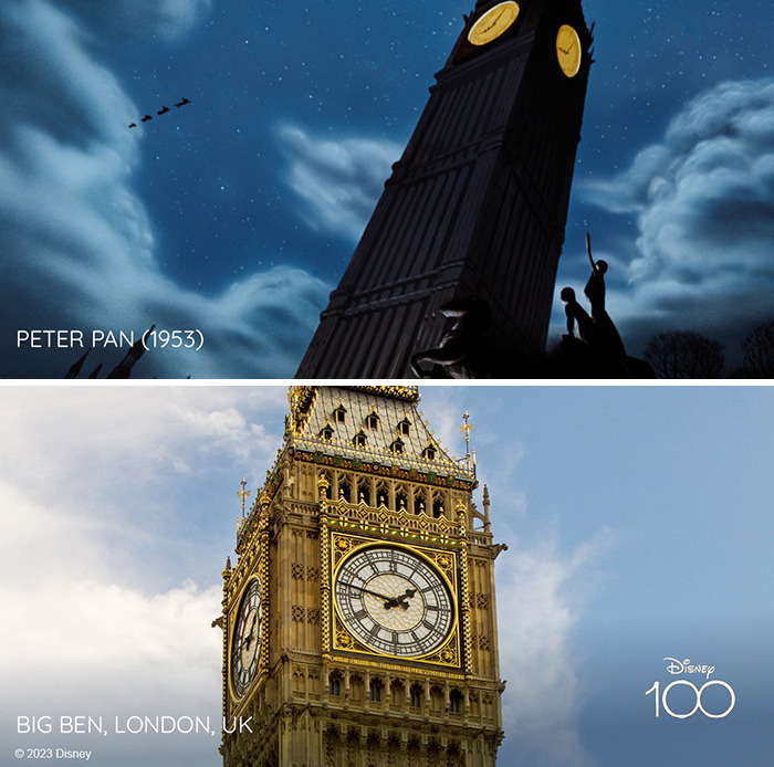 Setting from the movie Peter Pan (1953) vs it's inspiration Big Ben, London, UK